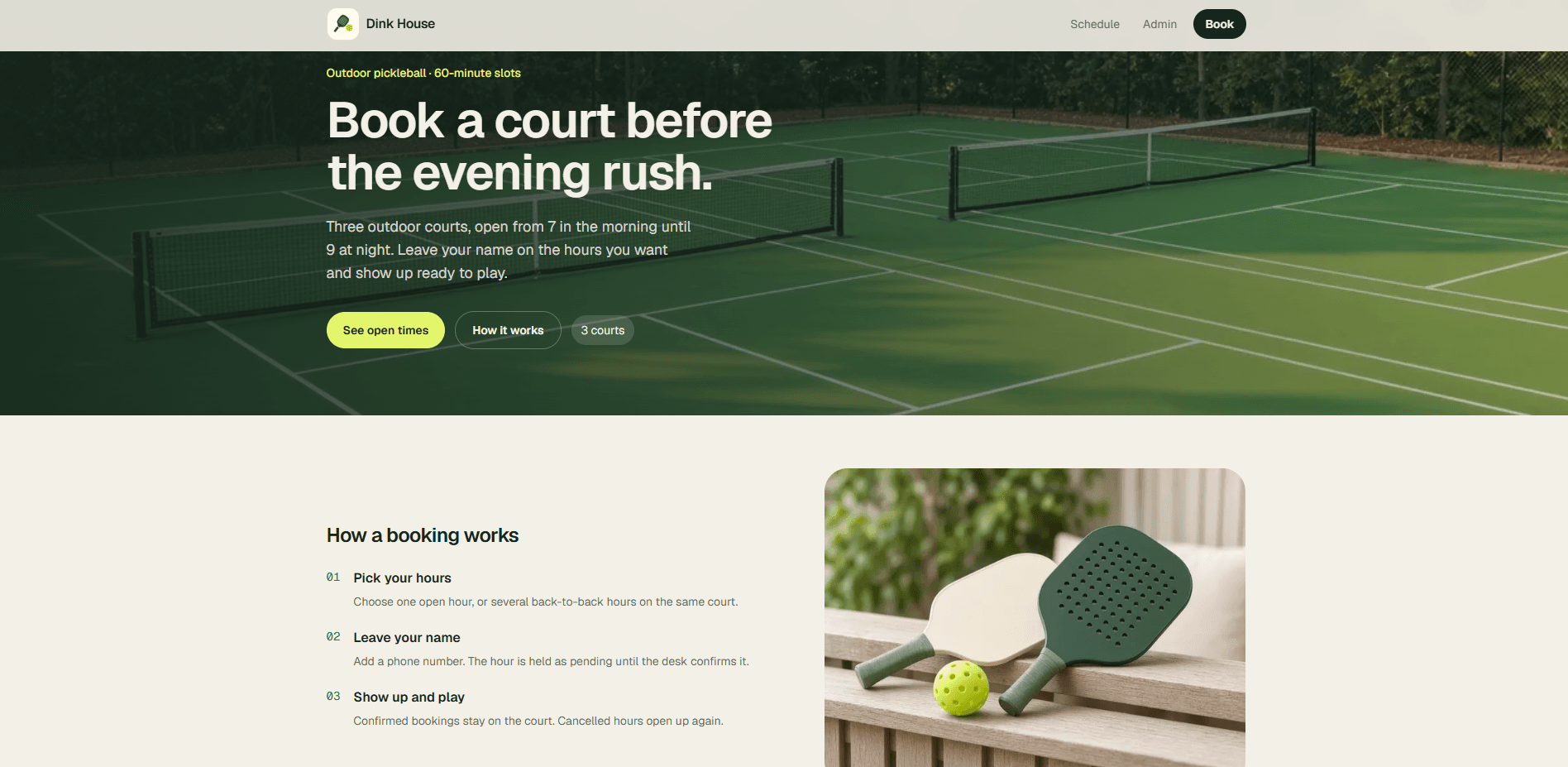 Dink House booking screen, with outdoor courts and open hours